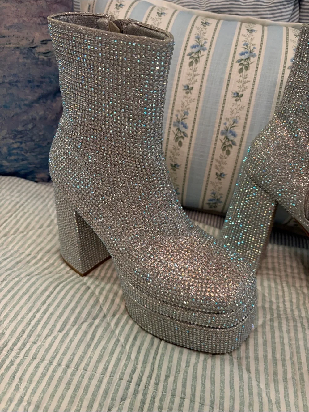 Women's Silver multi color rhinestone Platform Ankle Boots with Block heel